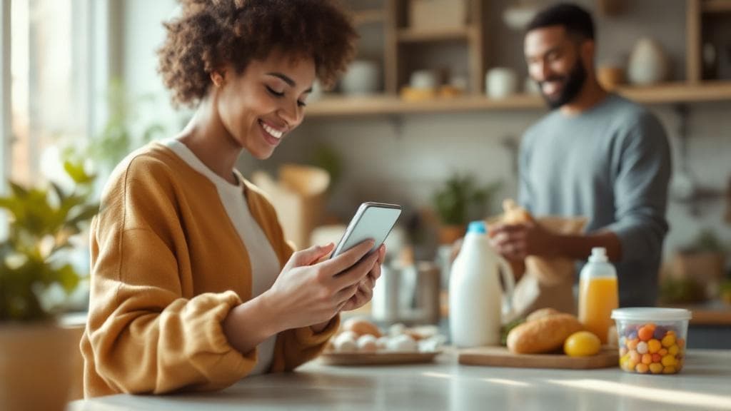 A person happily using CartLinker on their phone in a bright kitchen